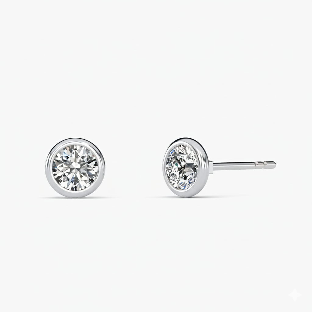 18K Bezel Round Diamond Ear Studs