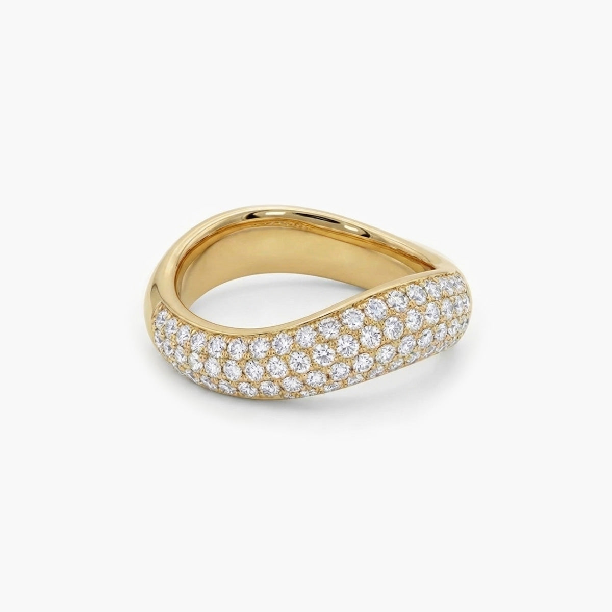 Yellow gold curved wedding band featuring multiple rows of pave-set round diamonds. The ring has an organic, wavy shape designed to contour around engagement rings.
